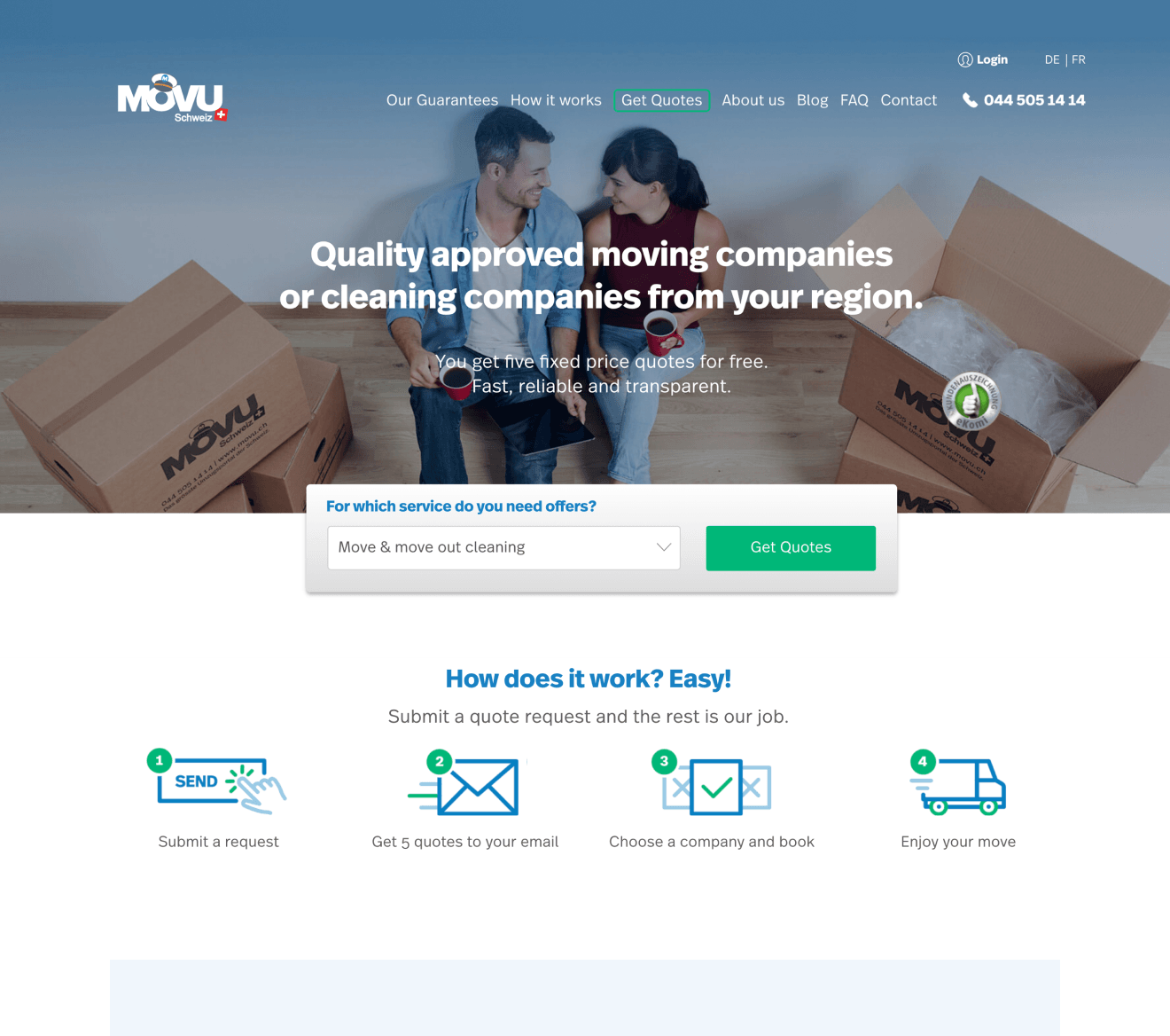 MOVU Swiss homepage showing a couple unpacking boxes with a Get Quotes form for moving and cleaning services