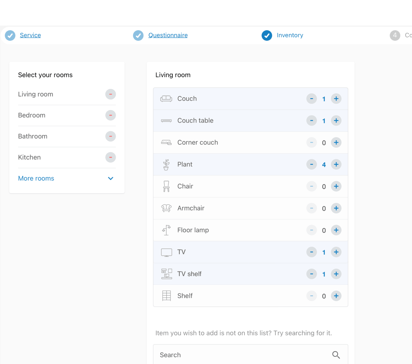 Simplified MOVU inventory with pre-selected room items and quick plus/minus quantity steppers