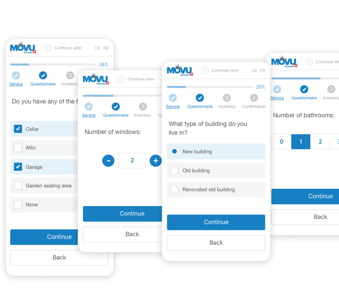 MOVU questionnaire screens showing one-question-per-screen flow with checkboxes, steppers, and radio options