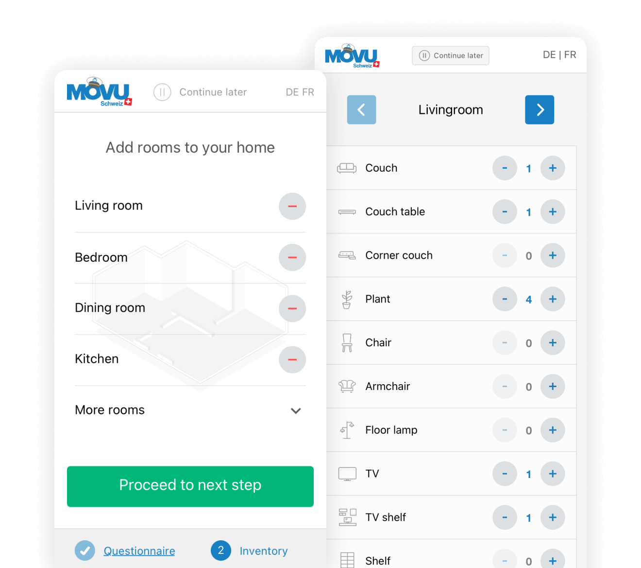 Streamlined MOVU rooms list with single-tap remove buttons next to a livingroom inventory showing pre-filled item counts