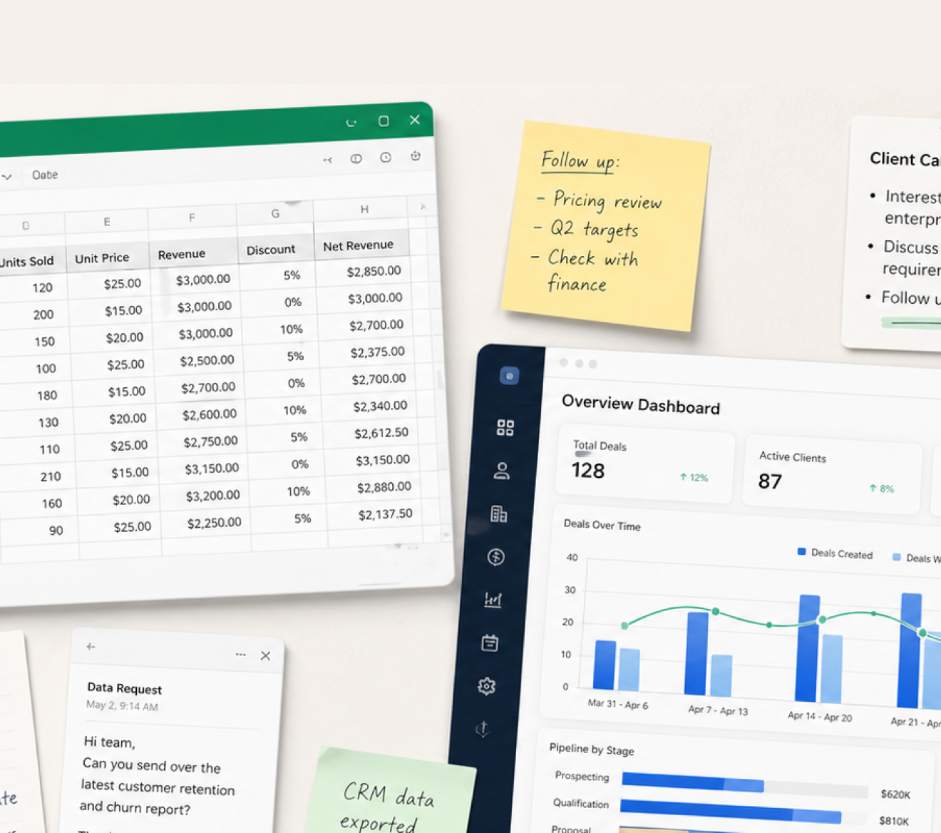 Collage of disconnected spreadsheets, sticky notes, and dashboard charts illustrating fragmented manager research inputs