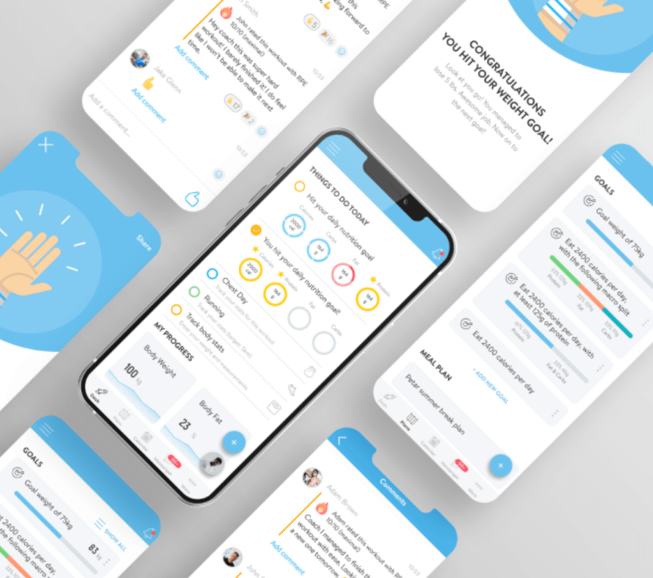 Multiple Trainerize app screens showing goals, nutrition tracking, workout feed, and milestone celebration overlaid on a grey background