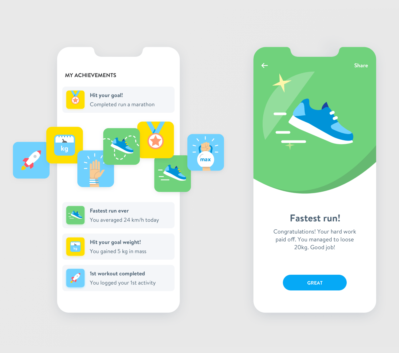 Achievement screens showing badge collection and a celebratory Fastest Run milestone card
