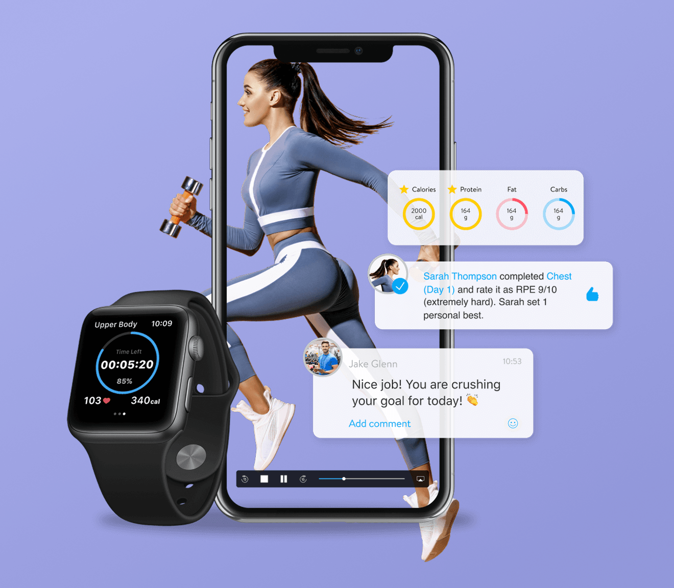 Trainerize app shown on phone with Apple Watch, nutrition rings, and trainer feedback notifications