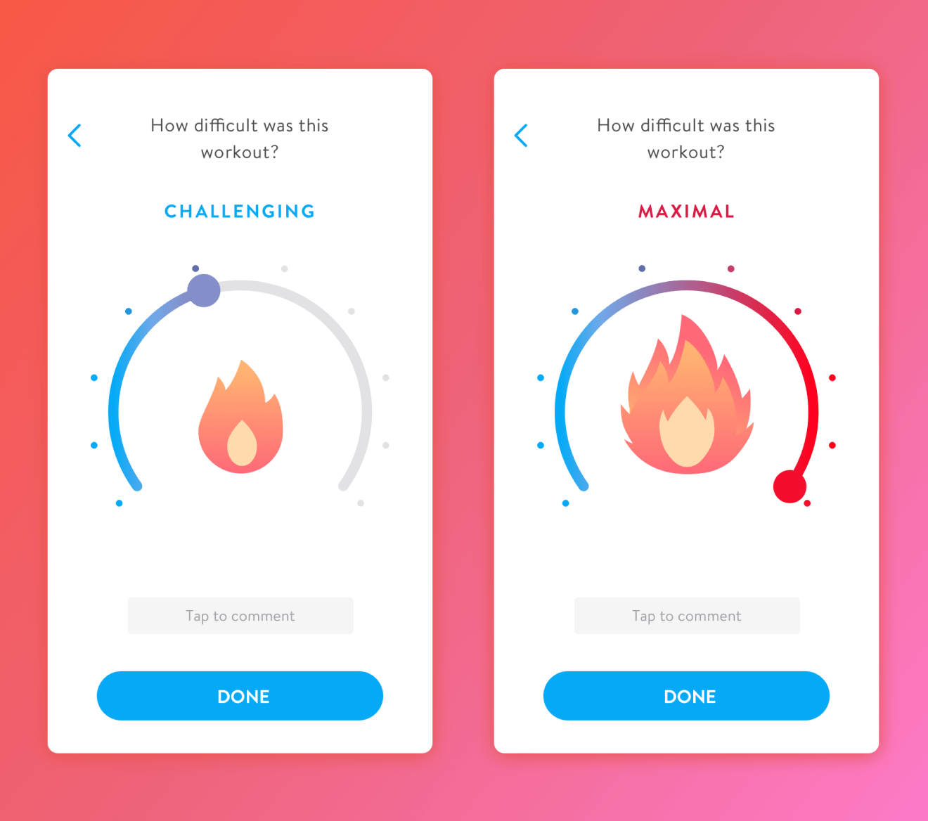 RPE workout difficulty screens showing a dial interface at Challenging and Maximal effort levels