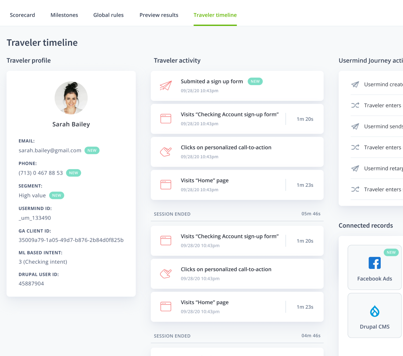 Traveler profile page showing Sarah Bailey's activity timeline, journey events, and connected records across Salesforce, Facebook Ads, and other platforms